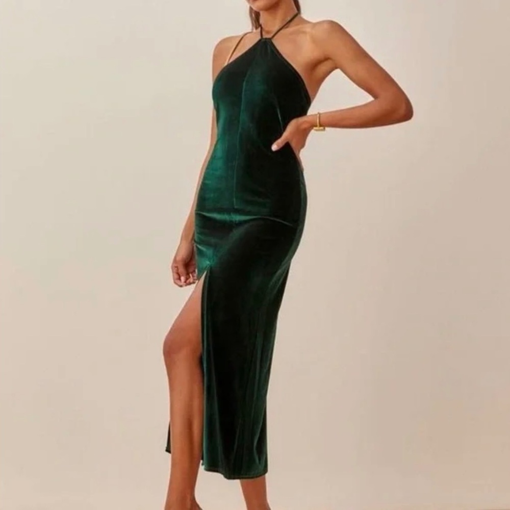 Reformation green velvet halter midi